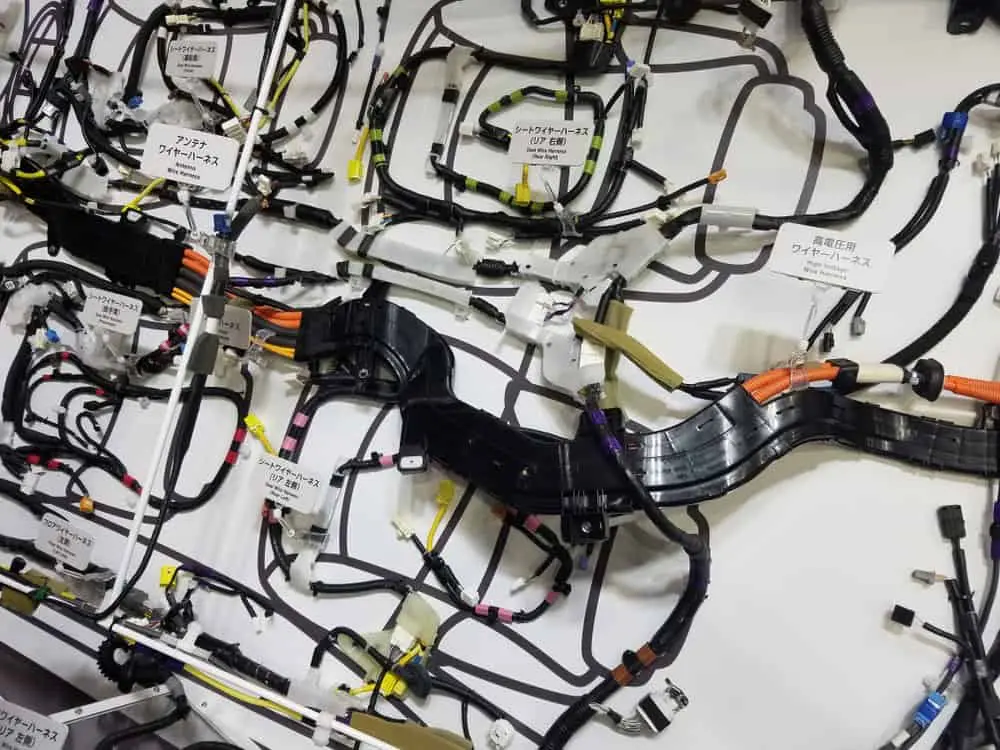 complex EV wiring harness layout with multiple connectors and systems